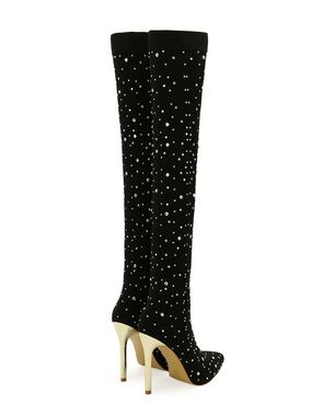 Black Embellished Over-the-Knee Stiletto Boots